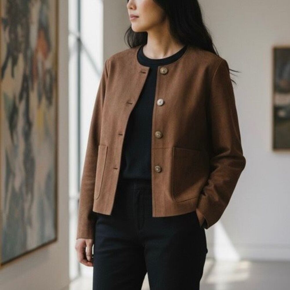 Moa Moa Brown Button Front Jacket Blazer Lightweight Career Layer L